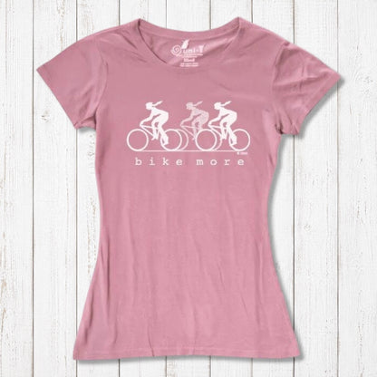 Pink Women's Bicycle T-Shirt in Bamboo & Organic Cotton featuring white 'Bike More' graphic. Eco-friendly tee for cyclists and active women.