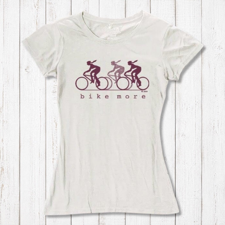 Cream Women's Bicycle T-Shirt in Bamboo & Organic Cotton with maroon 'Bike More' graphic. Great eco-conscious gift for women cyclists.
