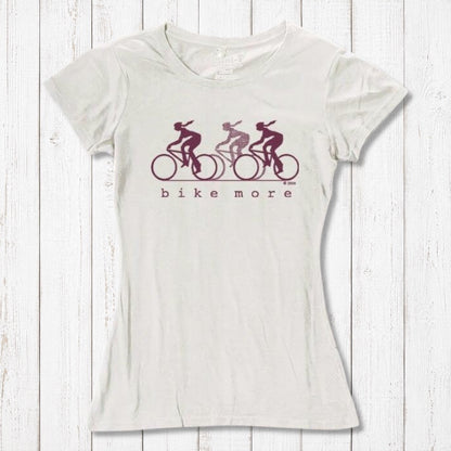 Cream Women's Bicycle T-Shirt in Bamboo & Organic Cotton with maroon 'Bike More' graphic. Great eco-conscious gift for women cyclists.