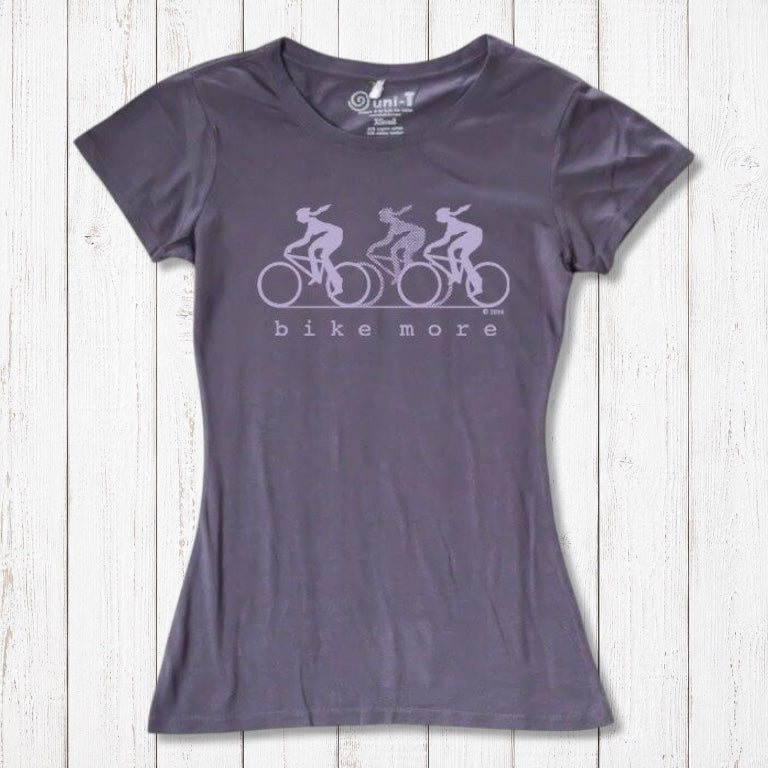 Charcoal Women's Bicycle T-Shirt in Bamboo & Organic Cotton with lavender 'Bike More' graphic. Ideal for sporty, eco-friendly fashion lovers.