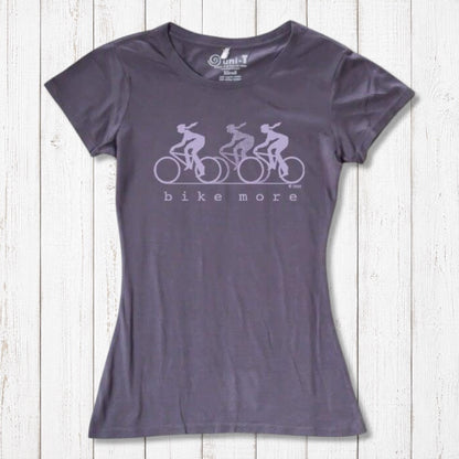 Charcoal Women's Bicycle T-Shirt in Bamboo & Organic Cotton with lavender 'Bike More' graphic. Ideal for sporty, eco-friendly fashion lovers.