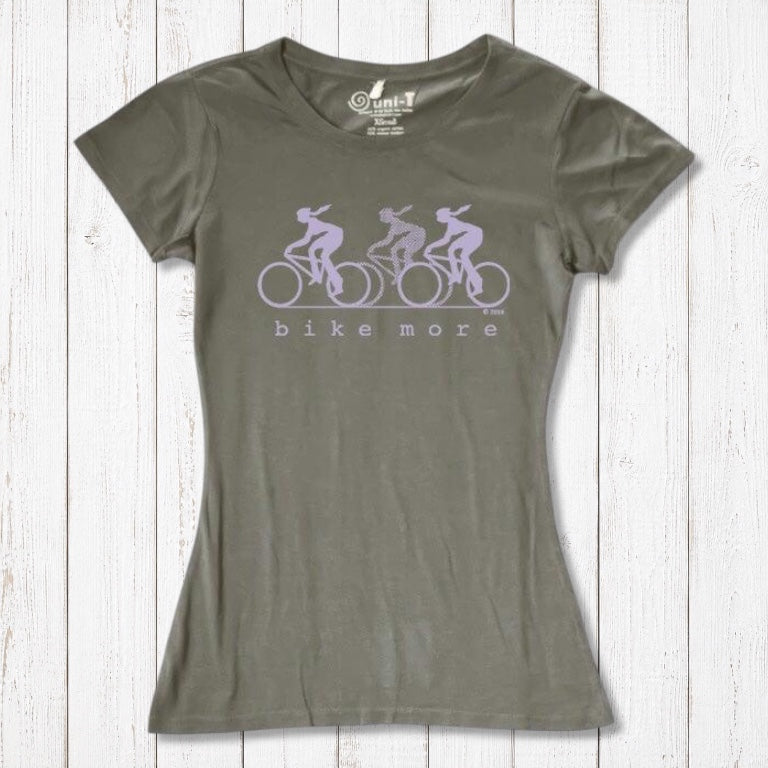 Olive green Women's Bicycle T-Shirt in Bamboo & Organic Cotton with lavender 'Bike More' cycling print. Comfortable and sustainable activewear.