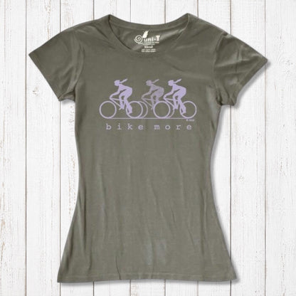 Olive green Women's Bicycle T-Shirt in Bamboo & Organic Cotton with lavender 'Bike More' cycling print. Comfortable and sustainable activewear.