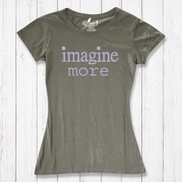 Women's Imagine T-Shirt in Bamboo & Organic Cotton in olive green with lavender 'imagine more' quote. Ideal creative gift for dreamers.