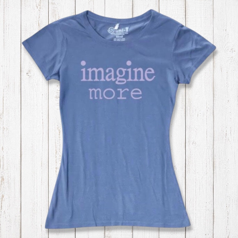 Women's Imagine T-Shirt in Bamboo & Organic Cotton in periwinkle blue with pink 'imagine more' text. Soft eco tee for artists and visionaries.