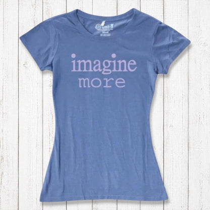 Women's Imagine T-Shirt in Bamboo & Organic Cotton in periwinkle blue with pink 'imagine more' text. Soft eco tee for artists and visionaries.