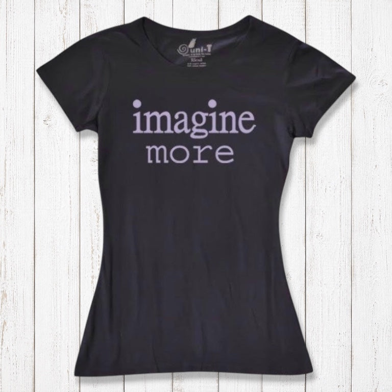 Women's Imagine T-Shirt in Bamboo & Organic Cotton in black with lavender 'imagine more' quote. Inspirational and sustainable fashion choice.