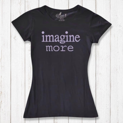 Women's Imagine T-Shirt in Bamboo & Organic Cotton in black with lavender 'imagine more' quote. Inspirational and sustainable fashion choice.