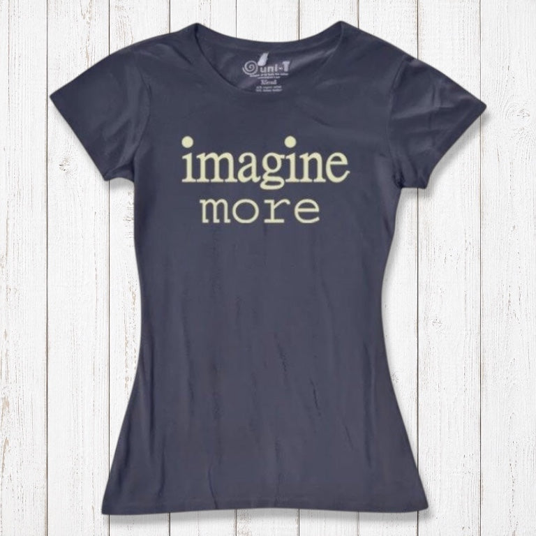 Women's Imagine T-Shirt in Bamboo & Organic Cotton in navy blue with pale yellow 'imagine more' text. Creative eco-friendly gift idea.