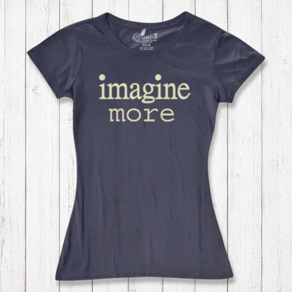 Women's Imagine T-Shirt in Bamboo & Organic Cotton in navy blue with pale yellow 'imagine more' text. Creative eco-friendly gift idea.