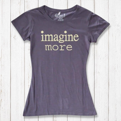 Women's Imagine T-Shirt in Bamboo & Organic Cotton in muted purple with cream 'imagine more' quote. Sustainable tee for artistic souls.