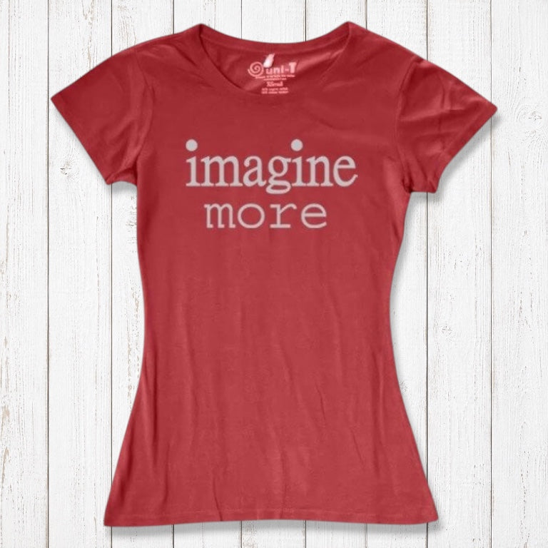 Women's Imagine T-Shirt in Bamboo & Organic Cotton in red with gray 'imagine more' quote. Thoughtful gift for creatives and visionaries.