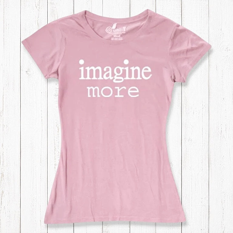 Women's Imagine T-Shirt in Bamboo & Organic Cotton in blush pink with white 'imagine more' text. Soft and sustainable tee for dreamers.