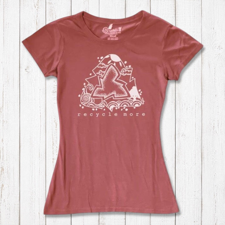 Women's Recycle Symbol T-Shirt in bamboo & organic cotton, eco-friendly red tee with 'Recycle More' graphic, perfect Earth Day gift.