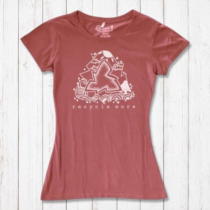 Women's Recycle Symbol T-Shirt in bamboo & organic cotton, eco-friendly red tee with 'Recycle More' graphic, perfect Earth Day gift.