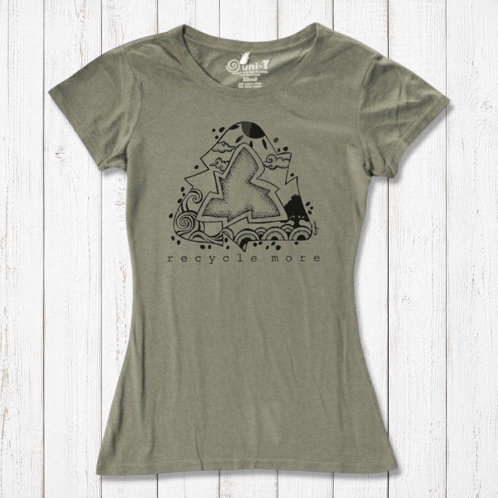 Eco-conscious women's olive green bamboo & organic cotton T-shirt featuring black recycle symbol and 'Recycle More' message by Uni-T.