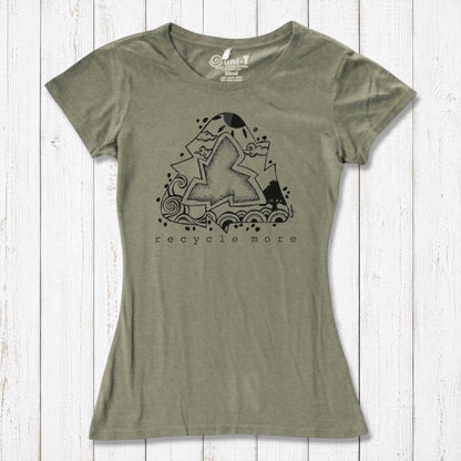 Eco-conscious women's olive green bamboo & organic cotton T-shirt featuring black recycle symbol and 'Recycle More' message by Uni-T.