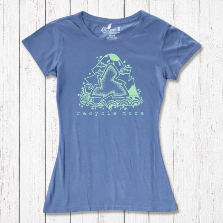 Sustainable blue women's T-shirt in bamboo & organic cotton with green recycle graphic and 'Recycle More' slogan, ideal for environmentalists.