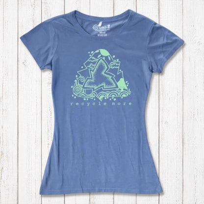 Sustainable blue women's T-shirt in bamboo & organic cotton with green recycle graphic and 'Recycle More' slogan, ideal for environmentalists.