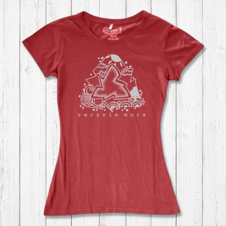 Red eco-friendly women's T-shirt made from bamboo & organic cotton, featuring white recycle symbol and 'Recycle More' design by Uni-T.