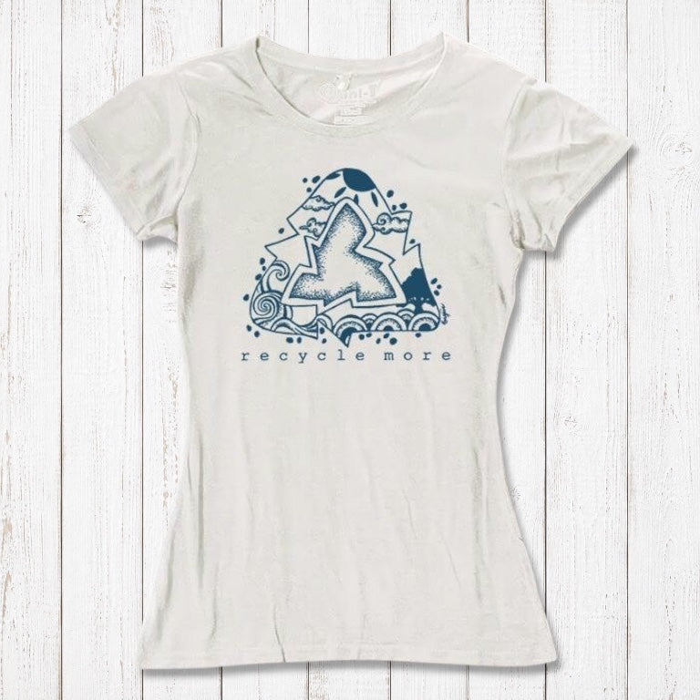 White bamboo & organic cotton women's tee with blue recycle symbol and 'Recycle More' print, sustainable fashion from Uni-T.