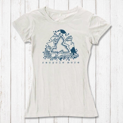 White bamboo & organic cotton women's tee with blue recycle symbol and 'Recycle More' print, sustainable fashion from Uni-T.