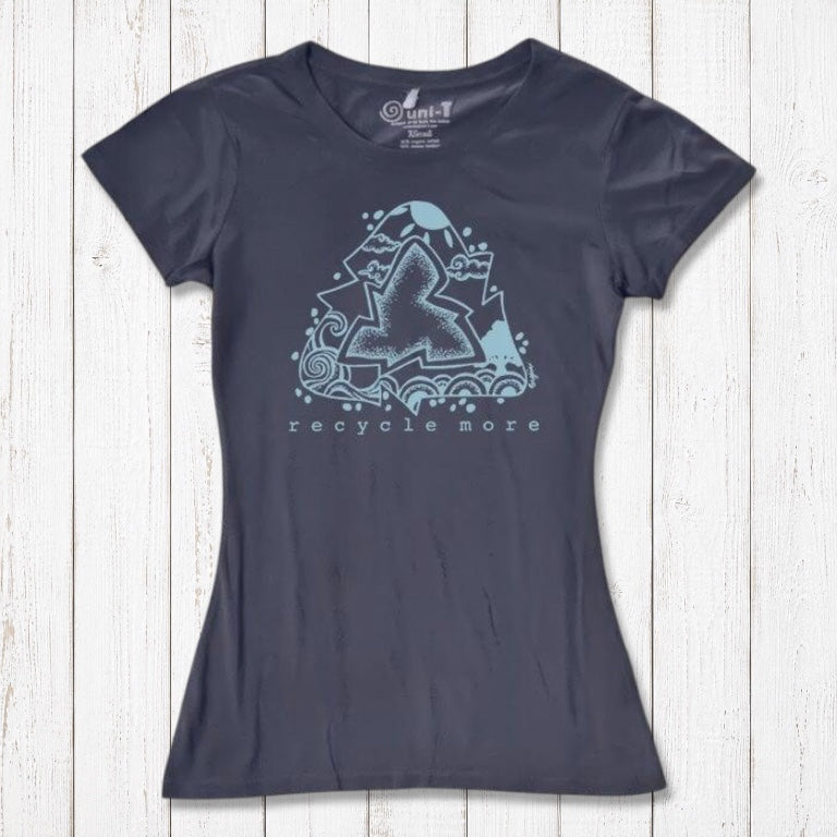 Dark blue women's T-shirt in bamboo & organic cotton with light blue recycle symbol and 'Recycle More' eco message, Earth Day apparel.