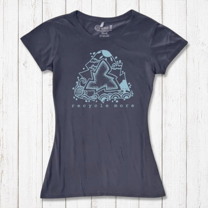 Dark blue women's T-shirt in bamboo & organic cotton with light blue recycle symbol and 'Recycle More' eco message, Earth Day apparel.
