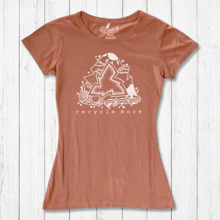 Rust-colored women's bamboo & organic cotton T-shirt with white recycle symbol and 'Recycle More' text, sustainable gift idea.