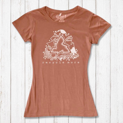 Rust-colored women's bamboo & organic cotton T-shirt with white recycle symbol and 'Recycle More' text, sustainable gift idea.