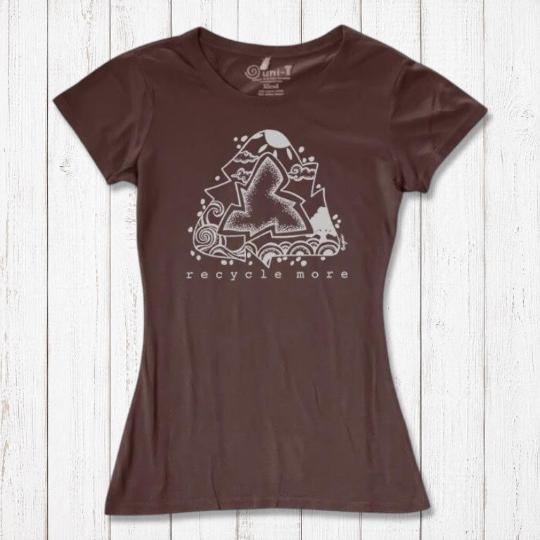 Brown eco-friendly women's T-shirt made from bamboo & organic cotton, featuring a white recycle symbol and 'Recycle More' graphic.