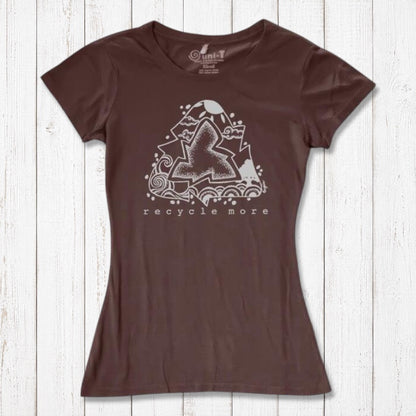Brown eco-friendly women's T-shirt made from bamboo & organic cotton, featuring a white recycle symbol and 'Recycle More' graphic.