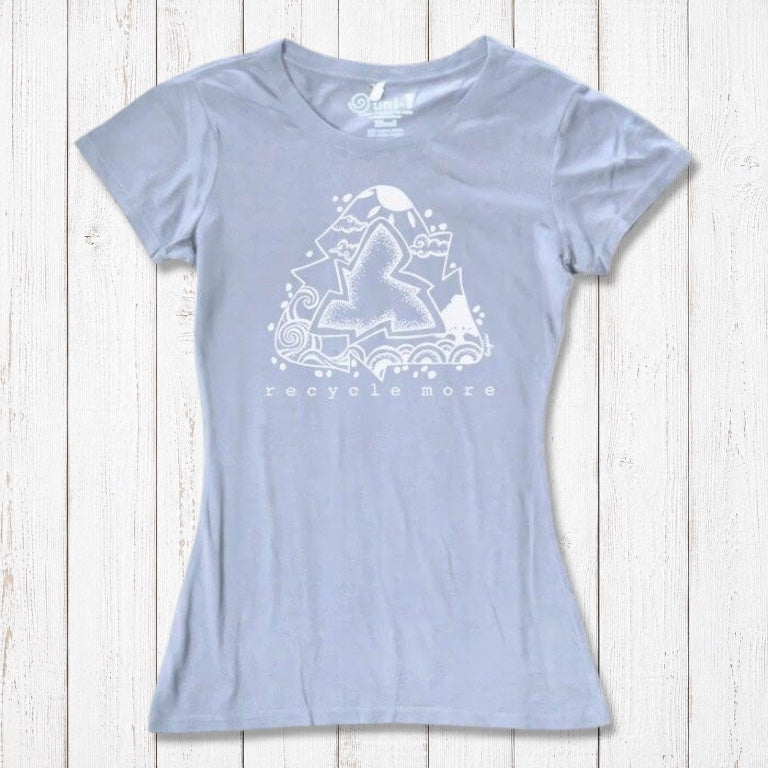 Light blue women's bamboo & organic cotton T-shirt with white recycle symbol and 'Recycle More' message, perfect for eco-conscious shoppers.