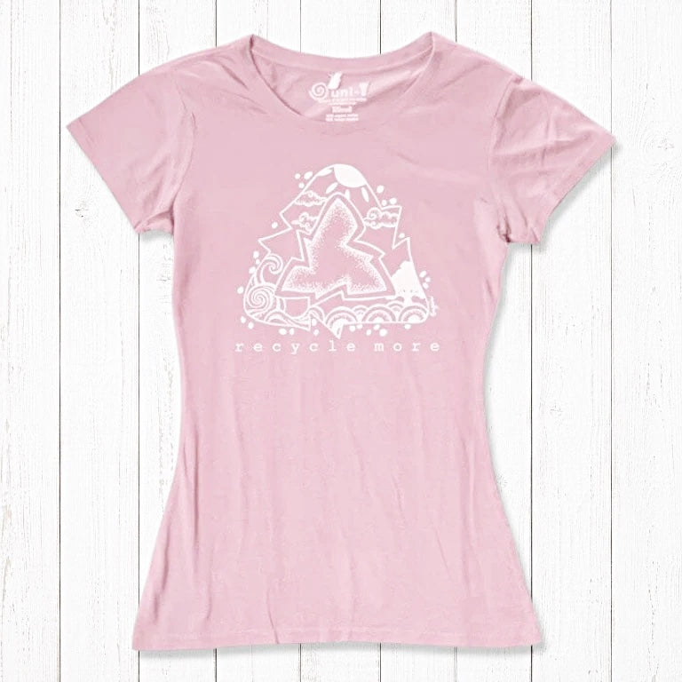 Pink sustainable women's T-shirt in bamboo & organic cotton with white recycle symbol and 'Recycle More' design, ideal for Earth Day.