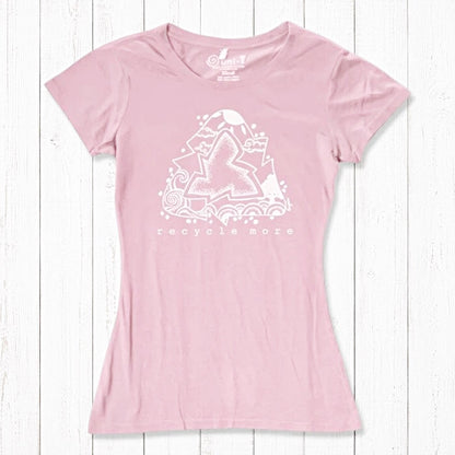 Pink sustainable women's T-shirt in bamboo & organic cotton with white recycle symbol and 'Recycle More' design, ideal for Earth Day.