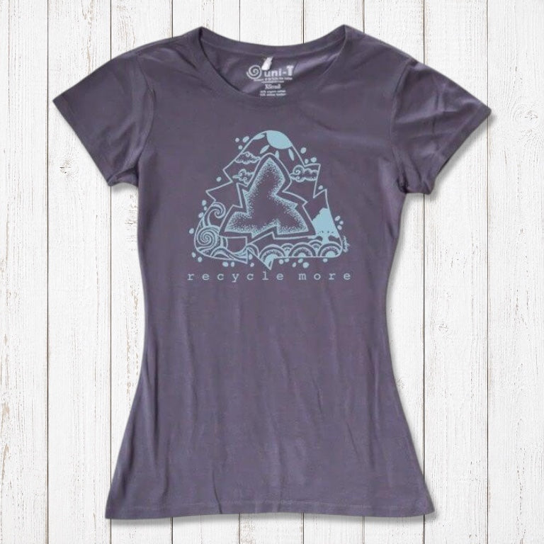 Charcoal gray women's bamboo & organic cotton tee with blue recycle symbol and 'Recycle More' slogan, eco-friendly fashion by Uni-T.