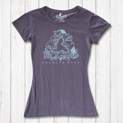 Charcoal gray women's bamboo & organic cotton tee with blue recycle symbol and 'Recycle More' slogan, eco-friendly fashion by Uni-T.