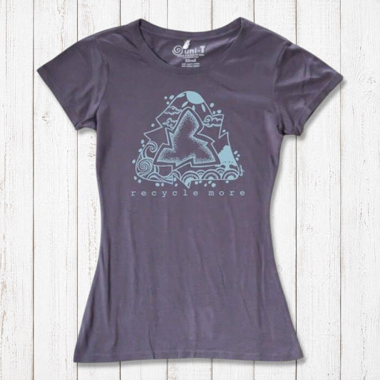 Charcoal gray women's bamboo & organic cotton tee with blue recycle symbol and 'Recycle More' slogan, eco-friendly fashion by Uni-T.