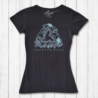 Black women's bamboo & organic cotton T-shirt with blue recycle symbol and 'Recycle More' graphic, sustainable gift for environmentalists.