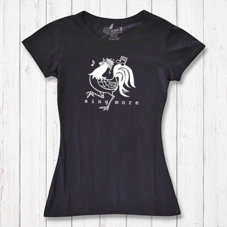 Black women's rooster graphic t-shirt with 'Sing More' text, made from bamboo and organic cotton, ideal for singers and musicians.