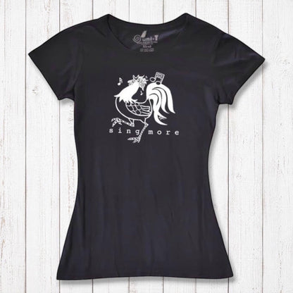 Black women's rooster graphic t-shirt with 'Sing More' text, made from bamboo and organic cotton, ideal for singers and musicians.