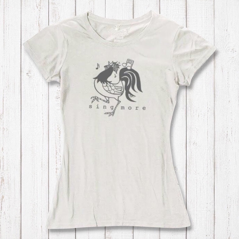Ivory women's rooster t-shirt with 'Sing More' design, crafted from bamboo and organic cotton, perfect for eco-conscious singers.