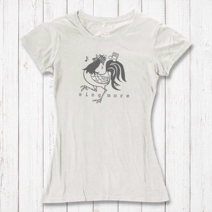 Ivory women's rooster t-shirt with 'Sing More' design, crafted from bamboo and organic cotton, perfect for eco-conscious singers.
