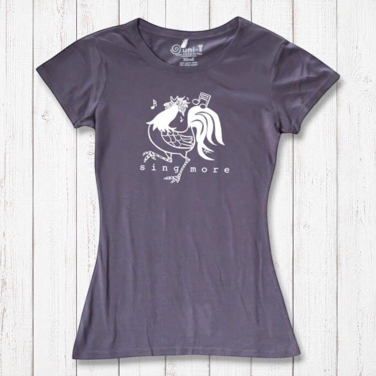 Charcoal grey rooster graphic t-shirt for women with 'Sing More' slogan, made from soft bamboo and organic cotton blend.