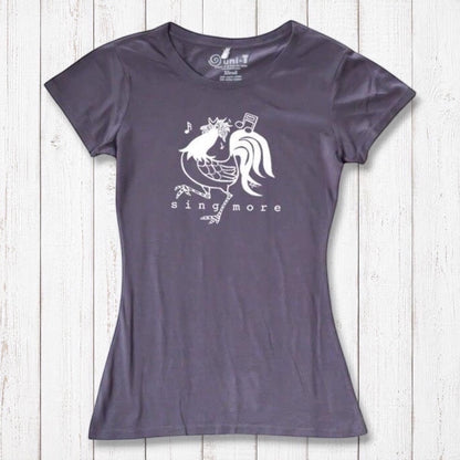 Charcoal grey rooster graphic t-shirt for women with 'Sing More' slogan, made from soft bamboo and organic cotton blend.