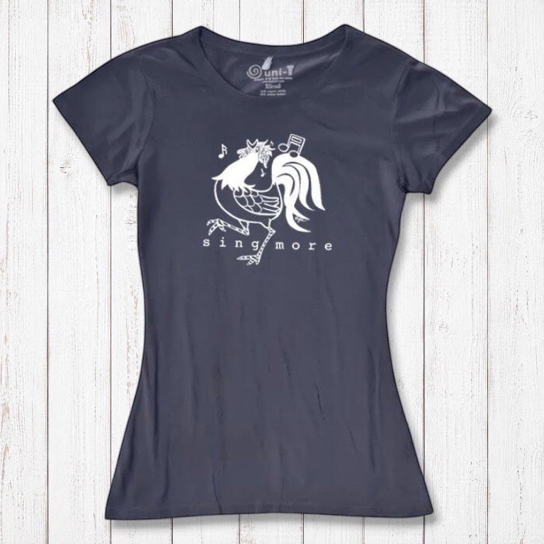 Navy blue women's t-shirt with white rooster and 'Sing More' print, made from sustainable bamboo and organic cotton fabric.