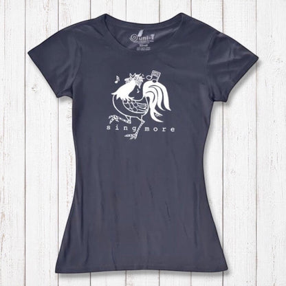 Navy blue women's t-shirt with white rooster and 'Sing More' print, made from sustainable bamboo and organic cotton fabric.