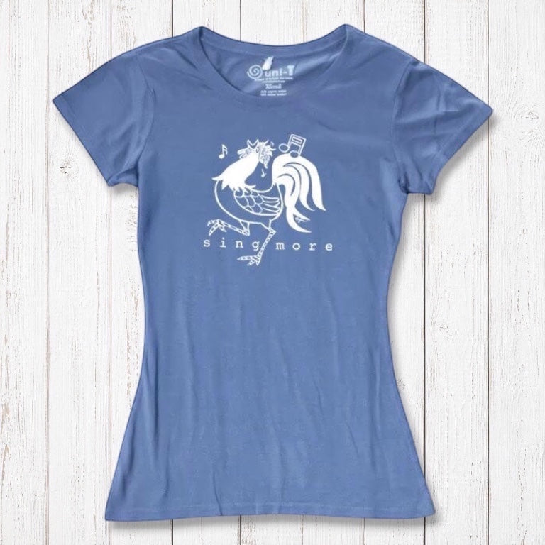 Slate blue bamboo and organic cotton women's t-shirt with rooster and 'Sing More' graphic, a fun gift for vocalists and animal lovers.