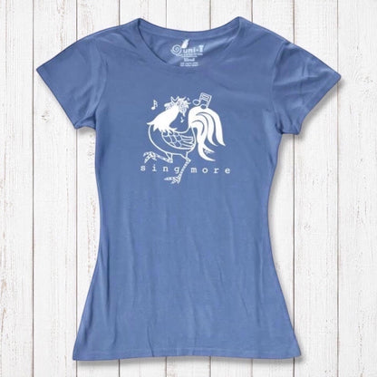 Slate blue bamboo and organic cotton women's t-shirt with rooster and 'Sing More' graphic, a fun gift for vocalists and animal lovers.