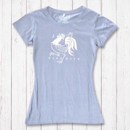 Light blue women's rooster t-shirt with 'Sing More' message, made from eco-friendly bamboo and organic cotton materials.